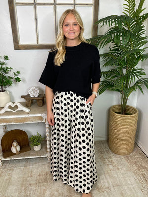 Off White and Black Polka Dot Wide Leg Pants