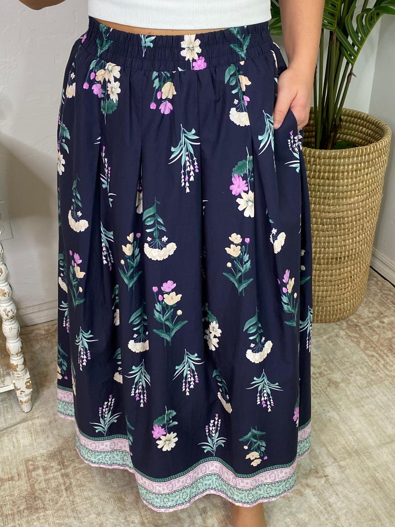 Midnight Floral Pleated Skirt with Pockets