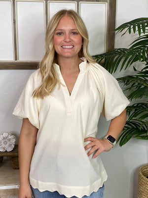 Cream Top with V-Neck Smocked Collars and Scalloped Hem S-2XL