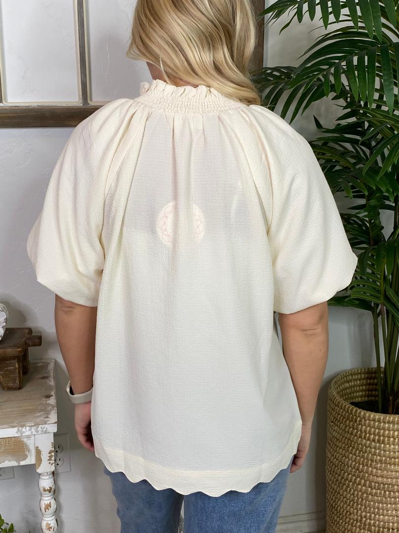 Cream Top with V-Neck Smocked Collars and Scalloped Hem S-2XL