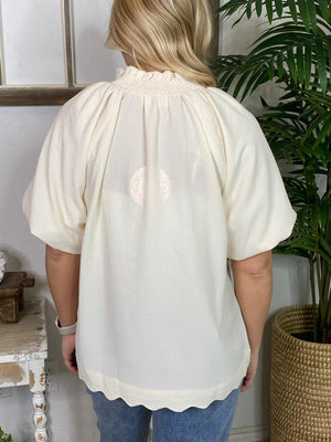 Cream Top with V-Neck Smocked Collars and Scalloped Hem S-2XL