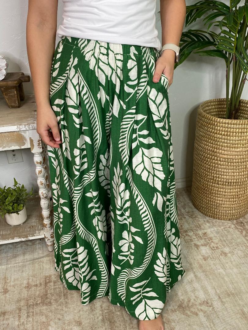 Dark Green and Cream Leafy Wide Leg Pants S-2XL