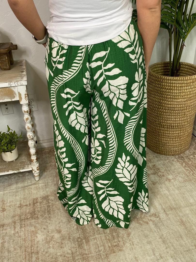 Dark Green and Cream Leafy Wide Leg Pants S-2XL