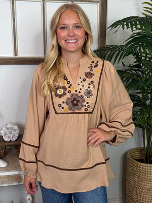 Oatmeal V-Neck Embroidered Top