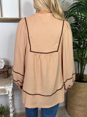 Oatmeal V-Neck Embroidered Top