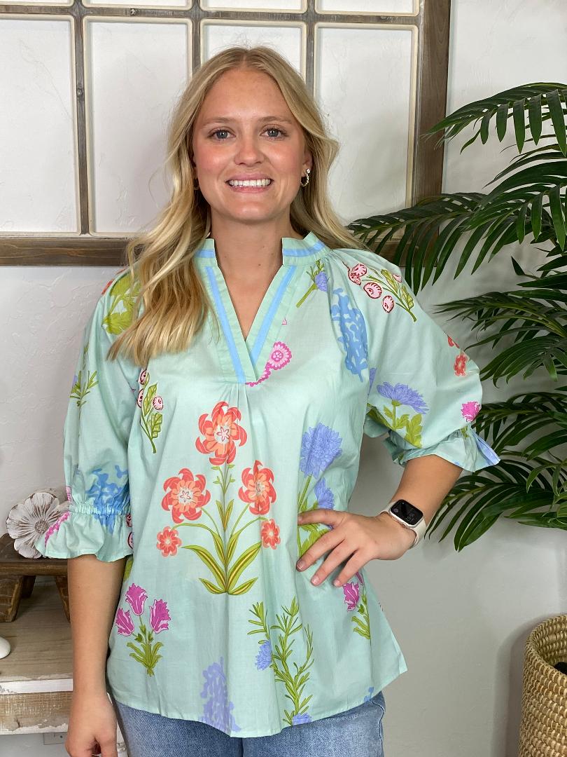 Seafoam Botanicals V-Neck Blouse S-2XL