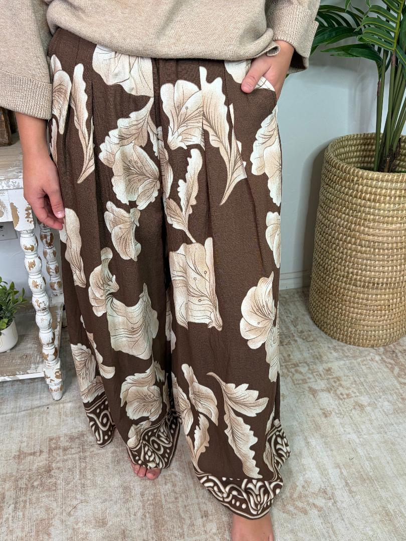 Brown and Cream Floral Wide Leg Pants with Pockets S-2XL