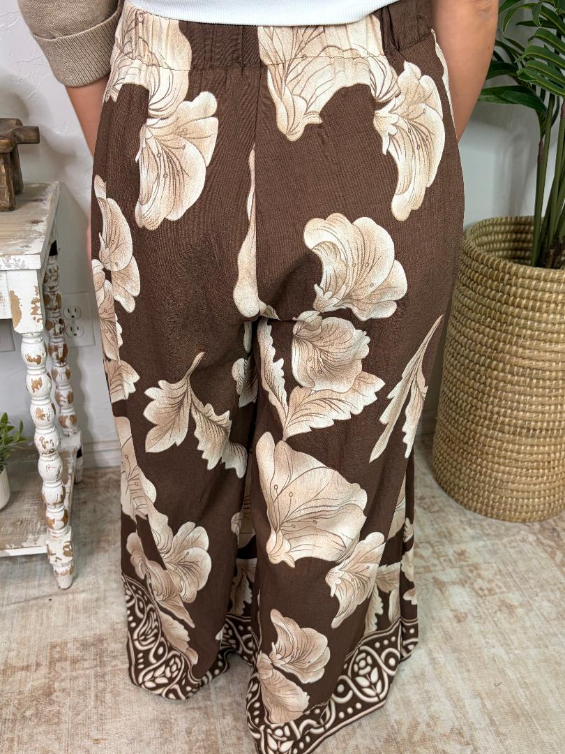 Brown and Cream Floral Wide Leg Pants with Pockets S-2XL