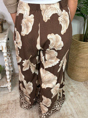 Brown and Cream Floral Wide Leg Pants with Pockets S-2XL
