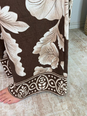 Brown and Cream Floral Wide Leg Pants with Pockets S-2XL