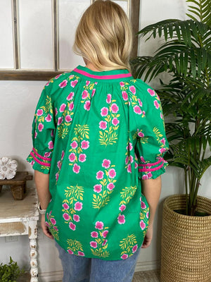Island Green Top with Hot Pink Flowers and Trim S-2XL
