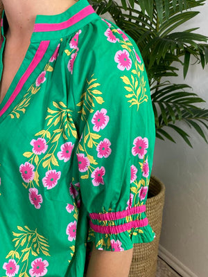 Island Green Top with Hot Pink Flowers and Trim S-2XL