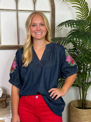 Denim V-Neck Top with Embroidered Sleeves