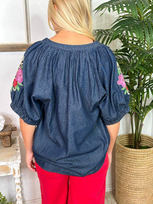 Denim V-Neck Top with Embroidered Sleeves
