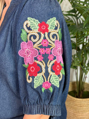 Denim V-Neck Top with Embroidered Sleeves