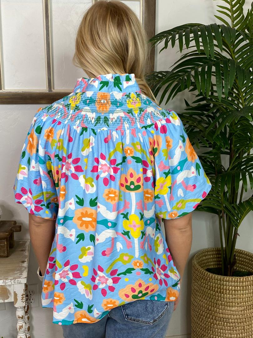 Light Blue Floral Blouse with Smocking Details