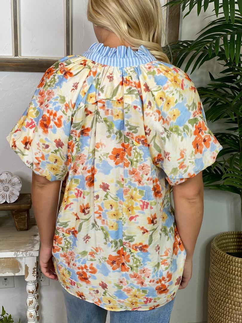 Watercolor Floral Top with Blue Lace Detail