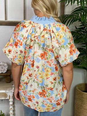 Watercolor Floral Top with Blue Lace Detail