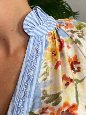 Watercolor Floral Top with Blue Lace Detail