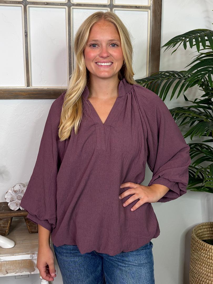 Plum Bubble Hem V-Neck Smocked Collar Top S-2XL