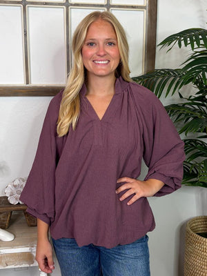Plum Bubble Hem V-Neck Smocked Collar Top S-2XL