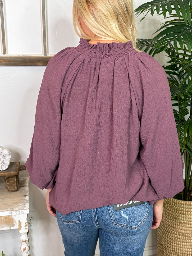 Plum Bubble Hem V-Neck Smocked Collar Top S-2XL