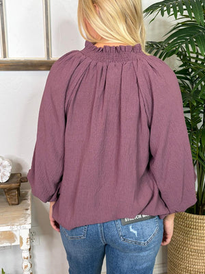 Plum Bubble Hem V-Neck Smocked Collar Top S-2XL