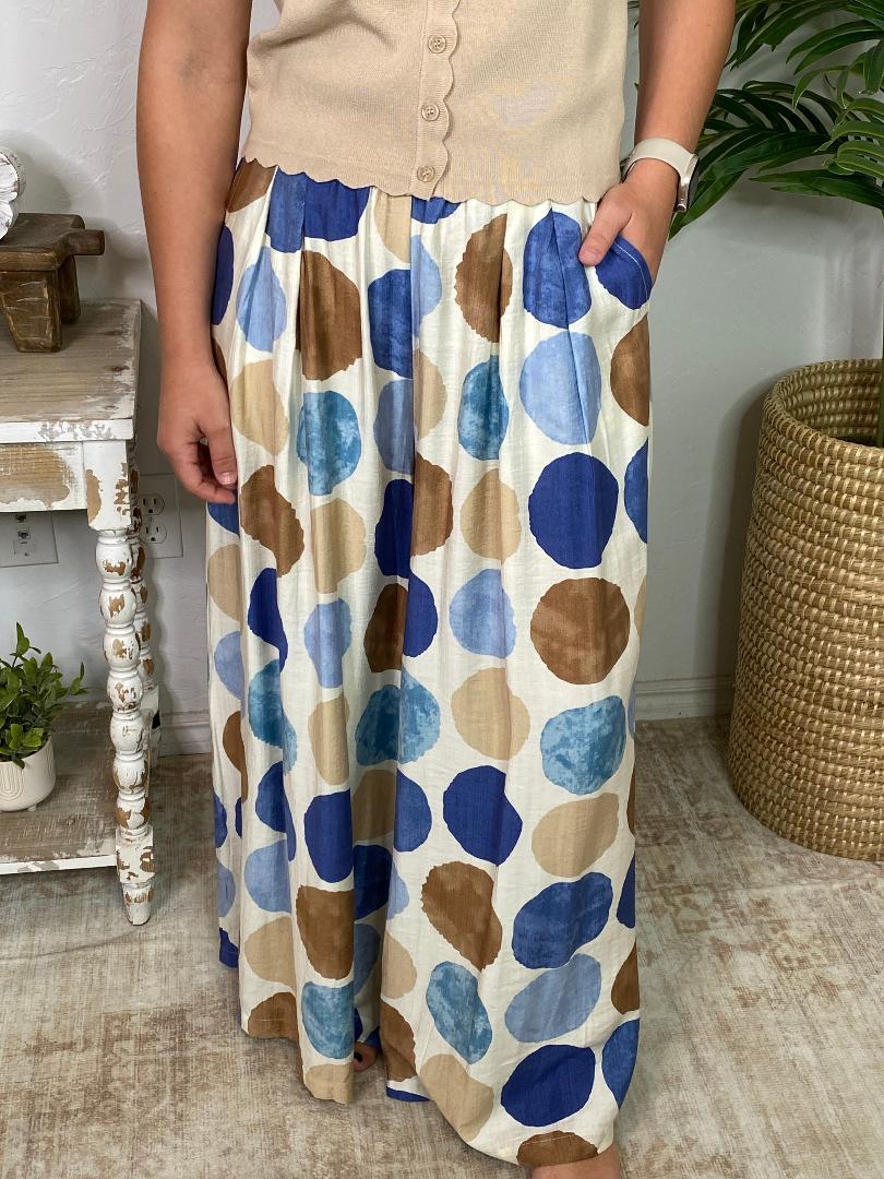Blue Brown Mix Large Polka Dot Wide Leg Pants