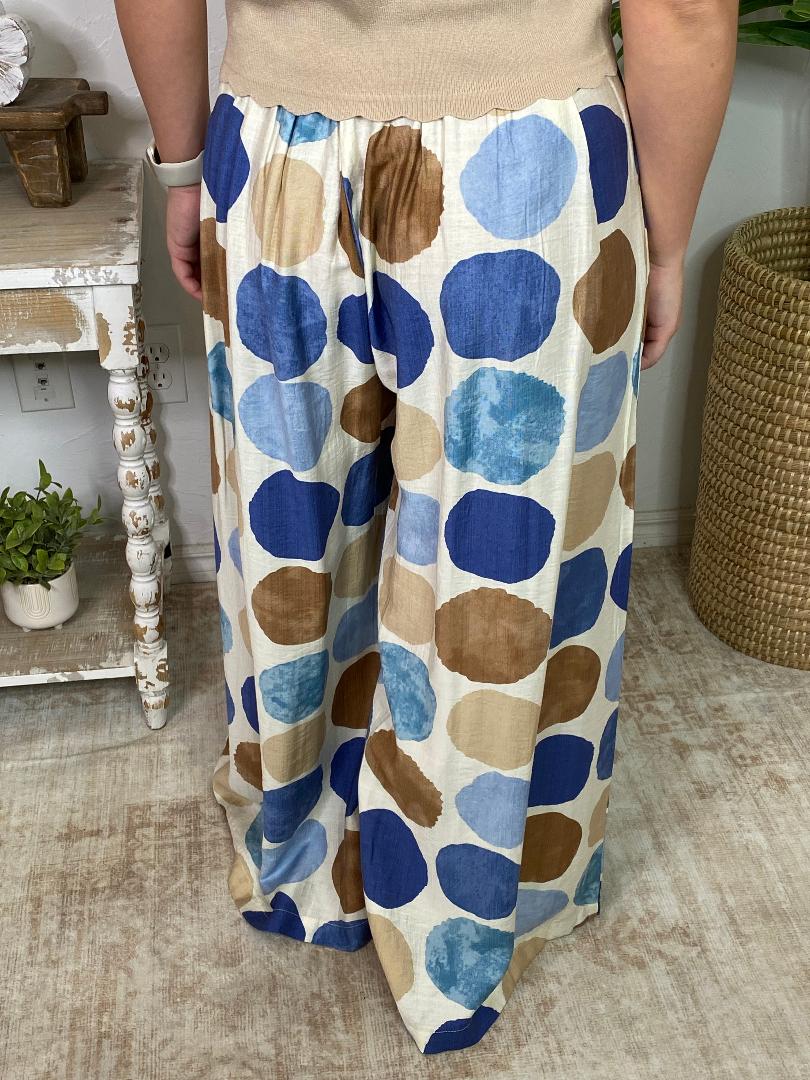 Blue Brown Mix Large Polka Dot Wide Leg Pants