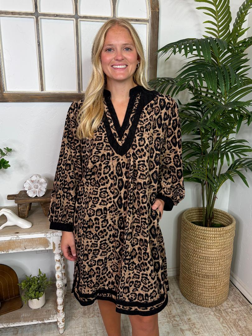 Leopard Corduroy Split Neck Dress with Pockets