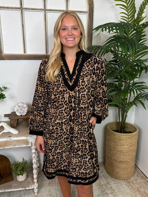 Leopard Corduroy Split Neck Dress with Pockets