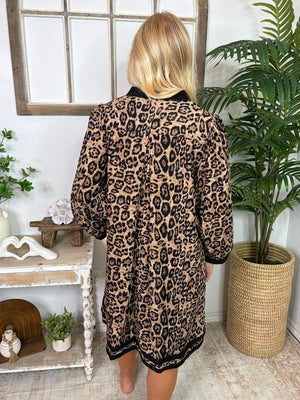 Leopard Corduroy Split Neck Dress with Pockets