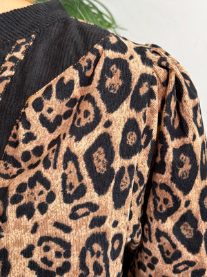 Leopard Corduroy Split Neck Dress with Pockets