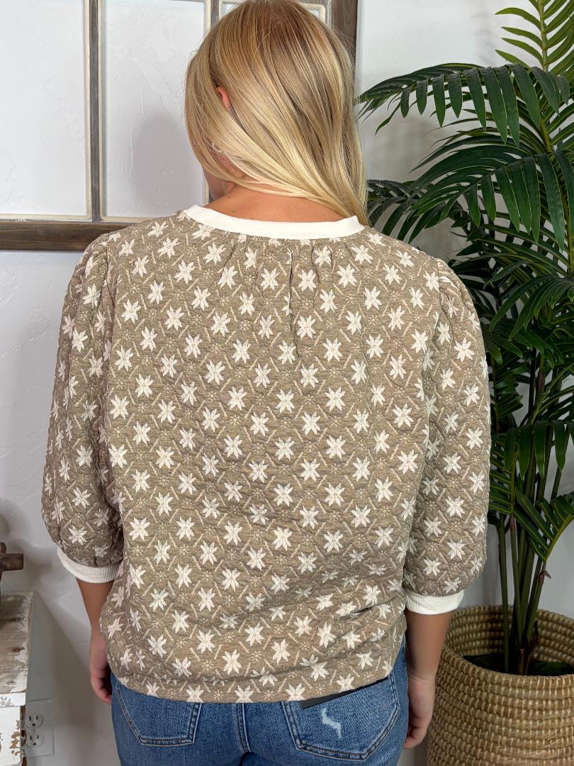Stone and Cream Quilted Floral Jacquard Knit Top