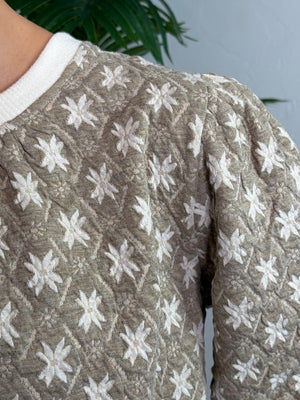 Stone and Cream Quilted Floral Jacquard Knit Top