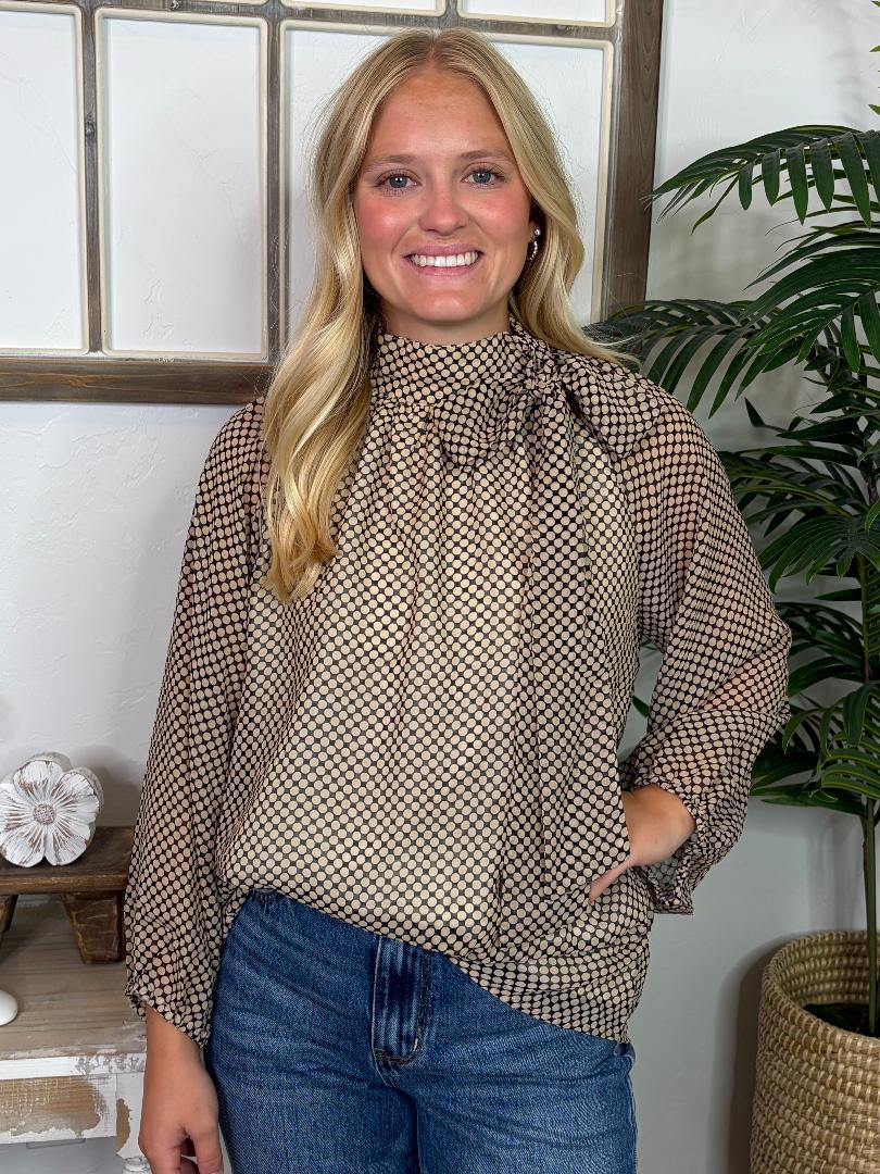 Taupe and Cream Polka Dot Sheer Lined with Ribbon Tie Neck Blouse