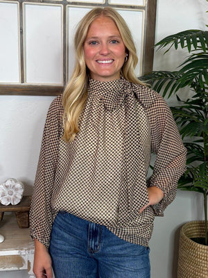 Taupe and Cream Polka Dot Sheer Lined with Ribbon Tie Neck Blouse