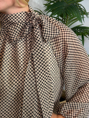Taupe and Cream Polka Dot Sheer Lined with Ribbon Tie Neck Blouse