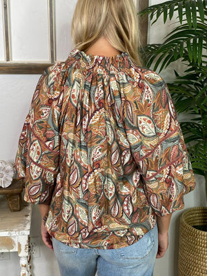 Clay and Seafoam Mix Paisley Top with Lace Trim S-2XL
