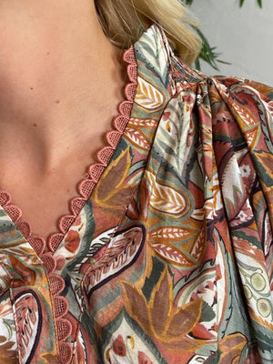 Clay and Seafoam Mix Paisley Top with Lace Trim S-2XL