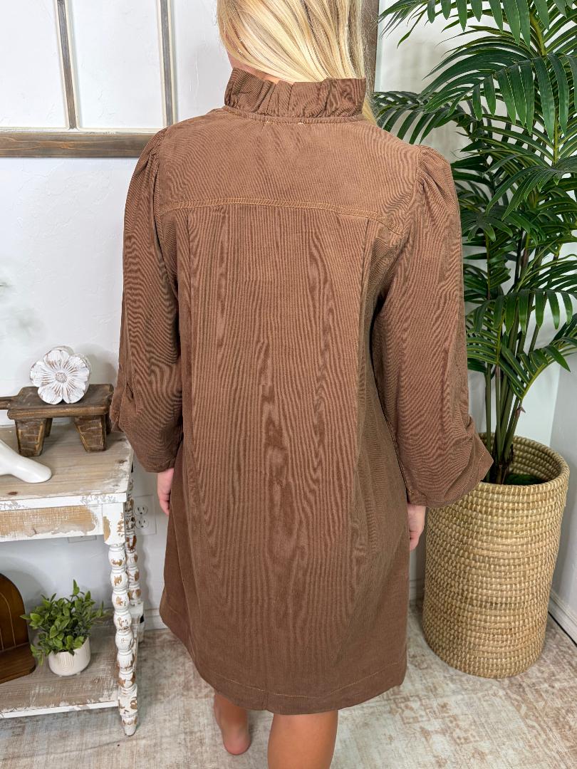 Mocha Corduroy V-Neck Dress with Ruffle Collar