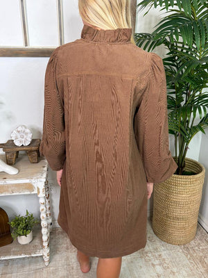 Mocha Corduroy V-Neck Dress with Ruffle Collar