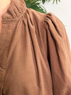 Mocha Corduroy V-Neck Dress with Ruffle Collar