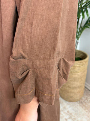 Mocha Corduroy V-Neck Dress with Ruffle Collar