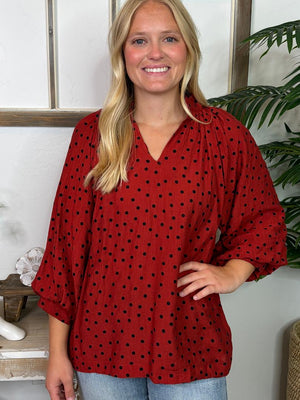 Desert Red or Evergreen Dot V-Neck Blouse