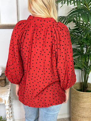 Desert Red or Evergreen Dot V-Neck Blouse