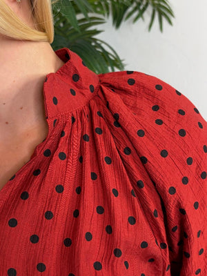 Desert Red or Evergreen Dot V-Neck Blouse