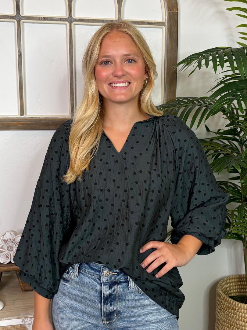 Desert Red or Evergreen Dot V-Neck Blouse