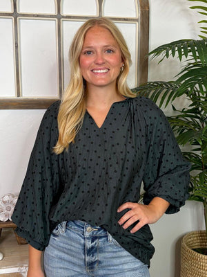 Desert Red or Evergreen Dot V-Neck Blouse