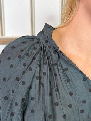 Desert Red or Evergreen Dot V-Neck Blouse